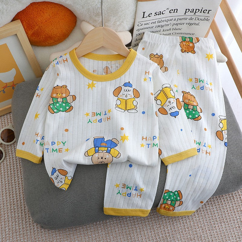Kids Boys Girls Summer Cotton Thin Pajamas Cute Cartoon Print Long Sleeve T-shirt Tops+Pants Baby Clothing Sets