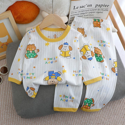 Kids Boys Girls Summer Cotton Thin Pajamas Cute Cartoon Print Long Sleeve T-shirt Tops+Pants Baby Clothing Sets