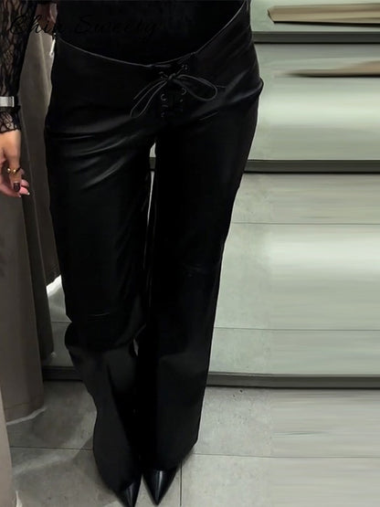 Elegant Women's Bandage PU Leather Trousers Black Low Waist Slim Straight Flare Pants 2025 Autumn Winter Lady Chic Y2k Pant New