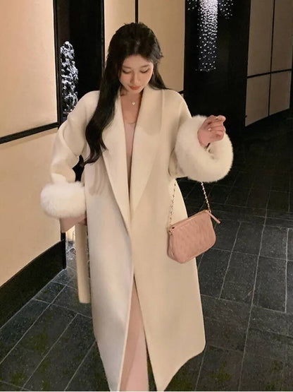 [EWQ] Wool Fox Fur Sleeve Women Coat Elegant Clothing Autumn 2025 Winter Double-sided Jacket Big Size Wine Red Overcoats 16O2751