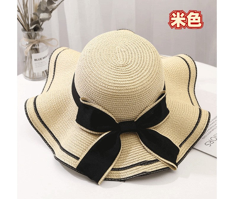 Beach HatJapanese Everything Hairy Edge Straw Hat Female Summer dome  Top Outing Sun Hat Small Fresh Bow Sun Shade Beach Hat