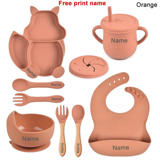 Baby Silicone Sucker Bowl Plate Cup Bibs Spoon Fork Sets Children Tableware Baby Feeding Dishes Sets Personalized Name BPA Free