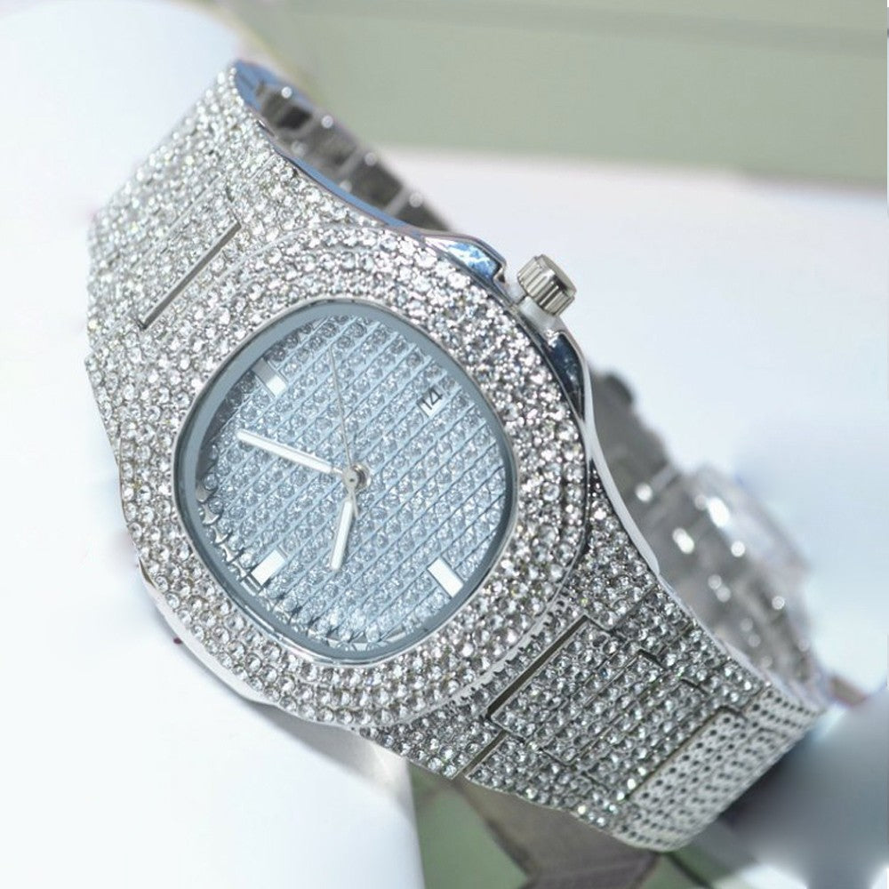 New Punk Men Watch Iced Out Diamond Sparkling Quartz Watches Fashion Hip Hop Classic Silver Color Watch Jewelry Men Women Gift