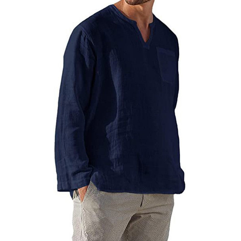 Men Cotton Linen Shirts Long Sleeve Social Shirt Blouses Stand-Up Collar Casual Beach Shirt Business Formal Shirt Male Clothing