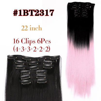 22 Polegadas Sintético Cabelo Liso Longo 16 Clipes 6 Peças/Conjunto Apliques de Cabelo Loiro Preto Resistente ao Calor Para Mulheres