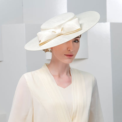 FS Elegante Chapéu de Aba Larga Marfim Feminino Grande Laço Ocasião Formal Kentucky Boné Feminino Casamento Coquetel Festa Fedora de Topo Reto 2024