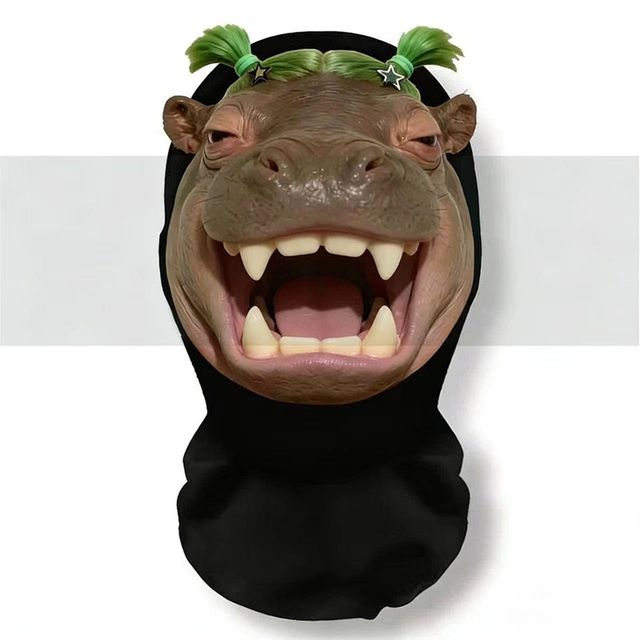 A realistic mesh headwear with hippopotamus emojis, a breathable party mask, and essential equipment for cycling out