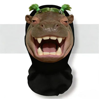A realistic mesh headwear with hippopotamus emojis, a breathable party mask, and essential equipment for cycling out