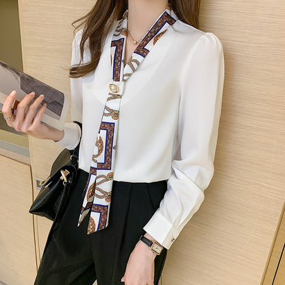 H Han Queen Spring Chiffon Simple Office Lady Blouse Female Shirt Bow Tops Long Sleeve Casual Korean OL Loose Blouses Women