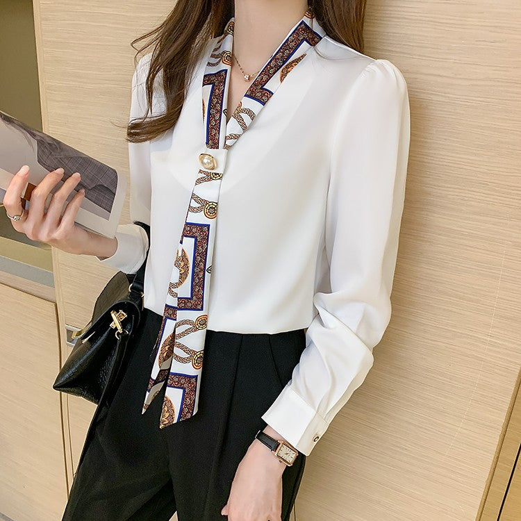 H Han Queen Spring Chiffon Simple Office Lady Blouse Female Shirt Bow Tops Long Sleeve Casual Korean OL Loose Blouses Women