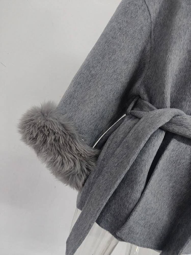 UCXQ Casaco Feminino Elegante OL para Escritório com Retalhos de Pelo Manga Comprida Lã Jaqueta de Roupa Feminina Bonita Outono Inverno 2025