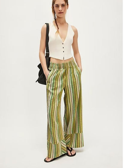 Fashion Printed Striped Wide-leg Long Pants Women's New Spring Autumn Loose Casual High-waisted Slimming Beach Long Pants Female
