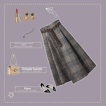 WoolenPlaid Irregular Large-Length Skirt New Spring-Autumn Vintage High-Waisted Slimming Medium-Length Women's Skirt