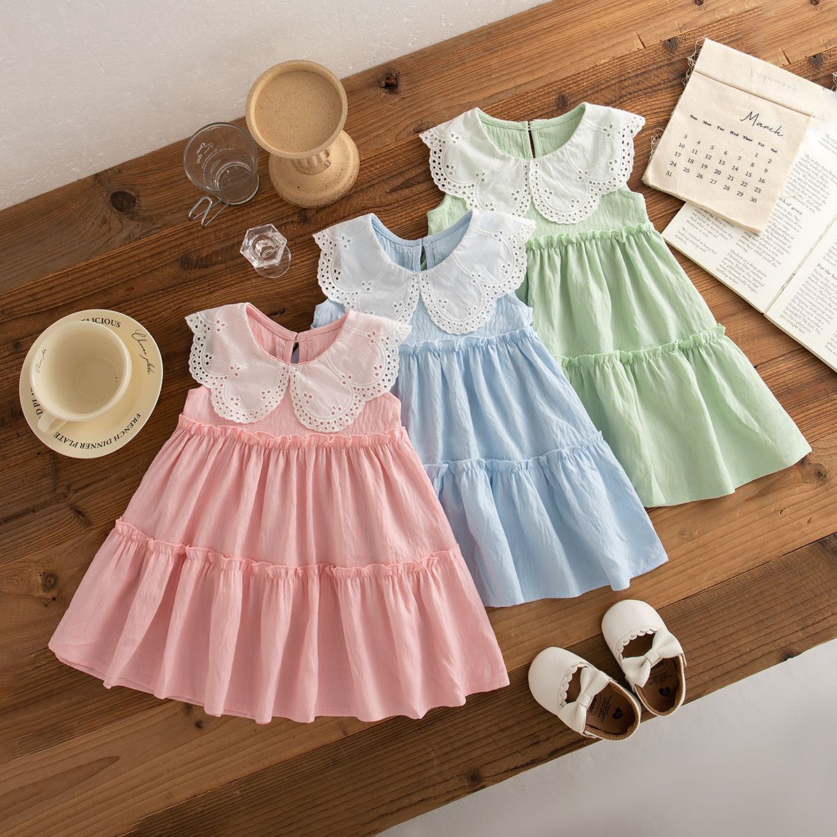 Baby Girl Clothes Summer Cotton Solid Color Lapel Sleeveless Baby Girl Dresses Cute Girls Beach Dresses