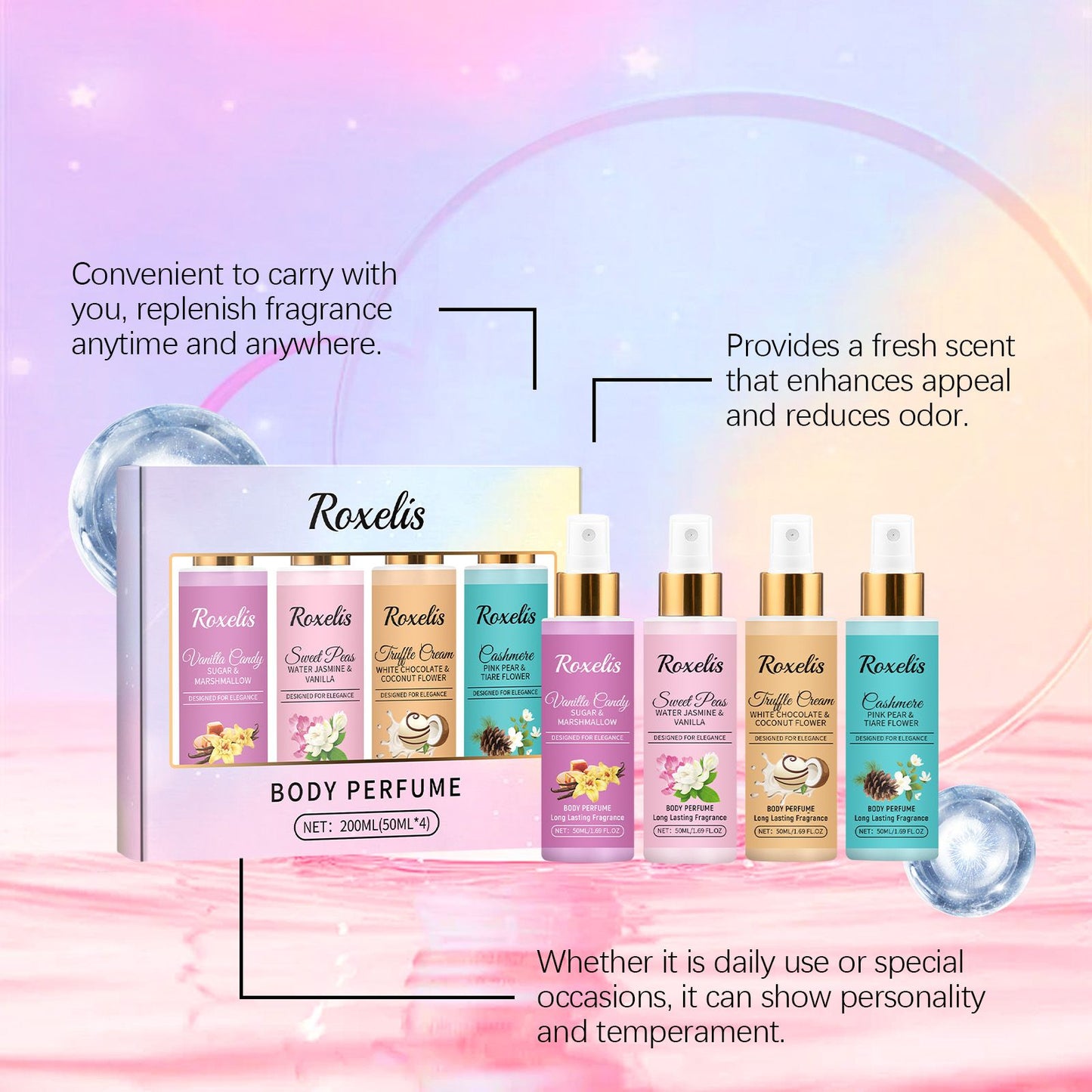 Roxelis 1 Conjunto de Perfume em Spray Corporal de Longa Duração com Fragrância de Frutas Frescas para o Dia a Dia, Encontros, Glamour, Flertes e Perfume Elegante