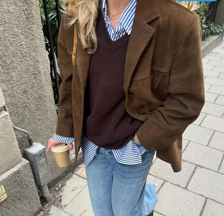 2024 Autumn Winter Woomen Suede Jacket With Lapel Woman Casual Single Breasted Pocket Long Sleeve Short Coat Street Overcoat