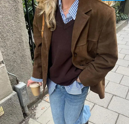 2024 Autumn Winter Woomen Suede Jacket With Lapel Woman Casual Single Breasted Pocket Long Sleeve Short Coat Street Overcoat