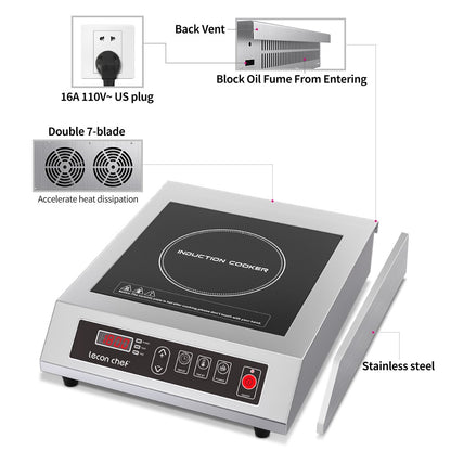 Leconchef Induction Cooktop Commercial Countertop Induction Cooker Electric Burner 10 Power&Temperature, Timer&Preset