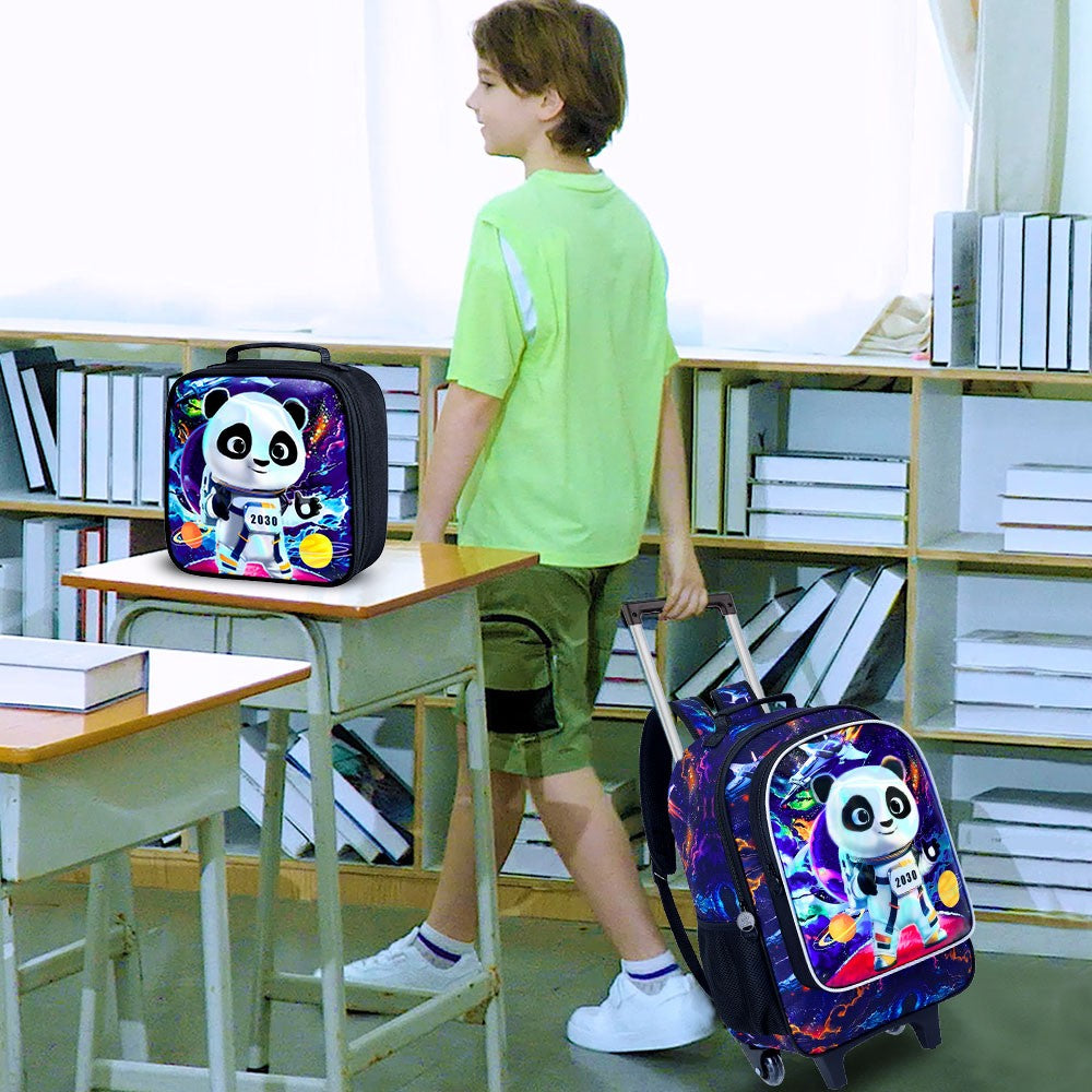 Rolling panda Backpack for Boys, Kids Roller Wheels School Bookbag with Lunch Bag, Wheeled School Bag for Children