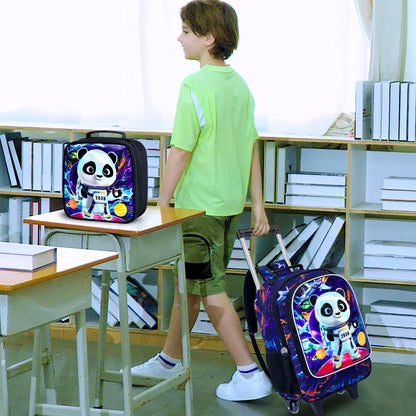 Rolling panda Backpack for Boys, Kids Roller Wheels School Bookbag with Lunch Bag, Wheeled School Bag for Children