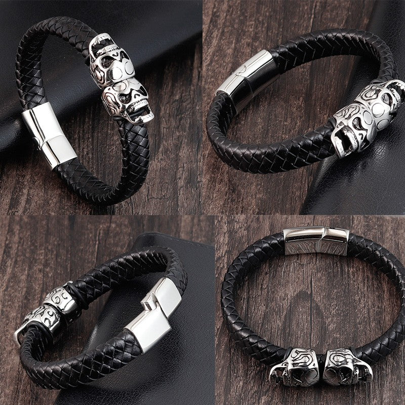 Hyperbole Men Jewelry Black Braided Leather Bracelets Stainless Steel Leahter Bracelets Cool Skull Bracelets Men Bracelet