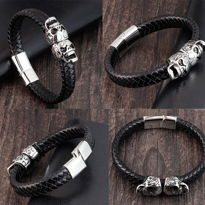 Hyperbole Men Jewelry Black Braided Leather Bracelets Stainless Steel Leahter Bracelets Cool Skull Bracelets Men Bracelet
