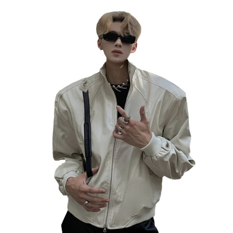 Stand Up Collar Design PU Leather Jacket Men's Retro Shoulder Pad Motorcycle Short Jacket Top