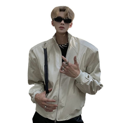 Stand Up Collar Design PU Leather Jacket Men's Retro Shoulder Pad Motorcycle Short Jacket Top