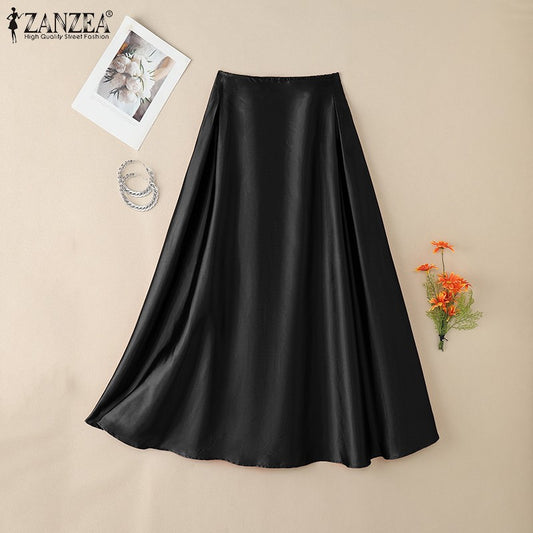 2025 Elegante Saia de Cetim de Cintura Alta para Festa ZANZEA Feminina Plus Size Sólida Evasê para o Trabalho Saia Longa Maxi Faldas