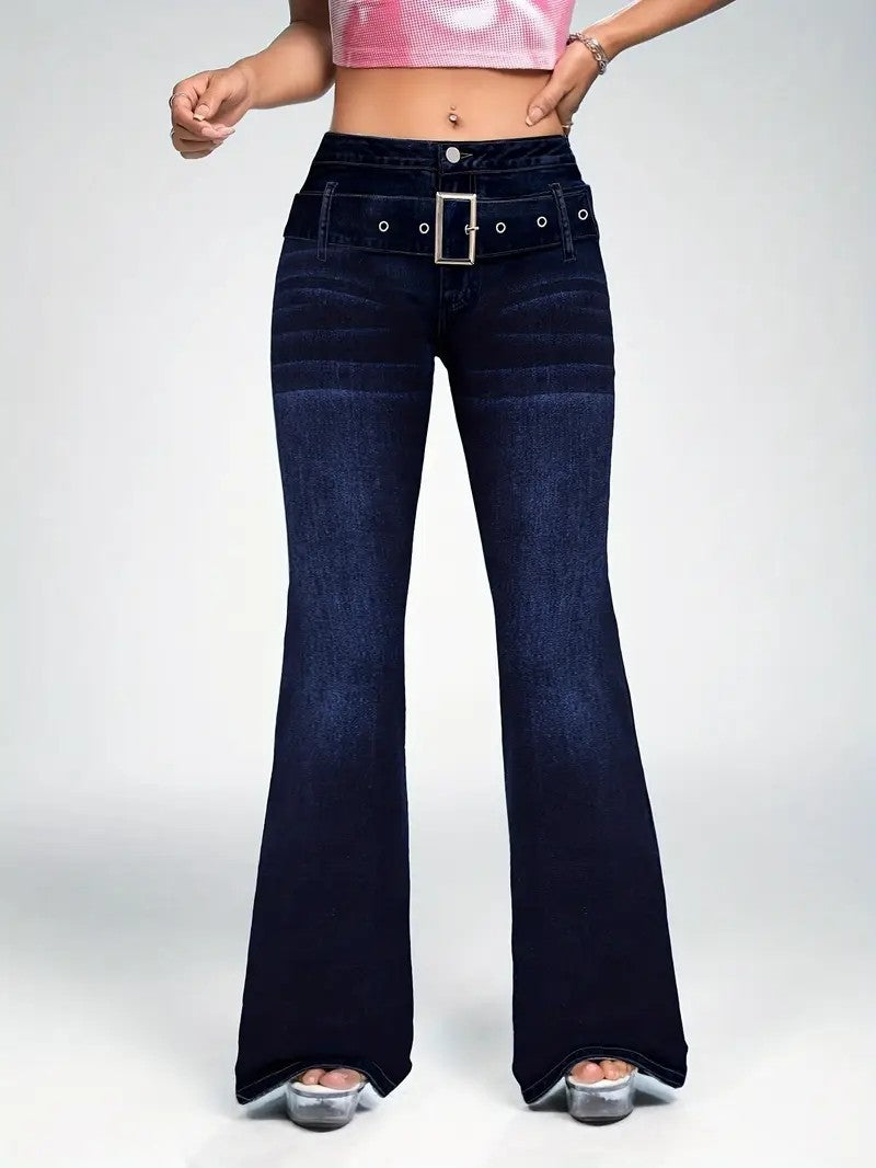 Women's fashionable casual wash dark blue decorative strap buckle stretch slim fit slim flared jeans
