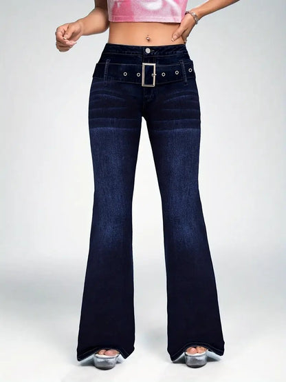 Women's fashionable casual wash dark blue decorative strap buckle stretch slim fit slim flared jeans