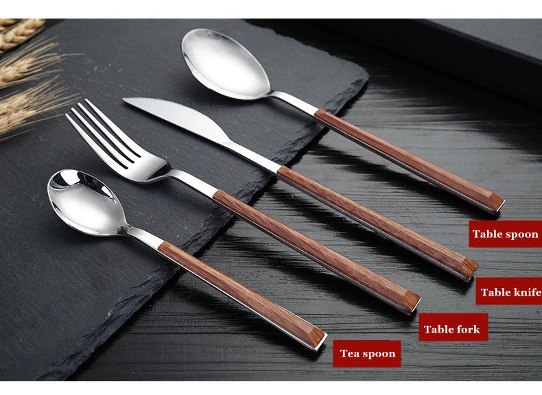 Conjunto de Talheres de Aço Inoxidável com Cabo de Madeira Falsa 16 Peças, Prendedor de Louça, Talheres Ocidentais, Faca Garfo Colher de Chá, Prateados