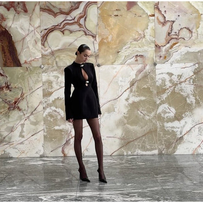 Black Hollow Out Mini A-line Dress Women Sexy Round Neck Long Sleeve Waist Cinching Dresses 2025 Lady Chic Party Club Robe