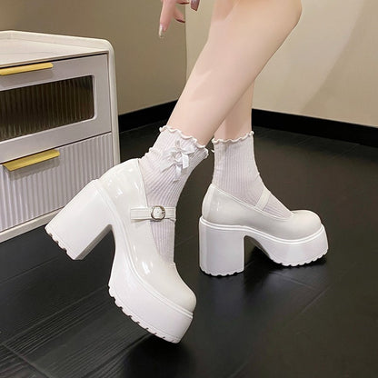 Sapatos femininos com salto plataforma grosso e alto, estilo Mary Jane, em couro PU, fivela no tornozelo, salto grosso, brancos, estilo Lolita, outono 2023