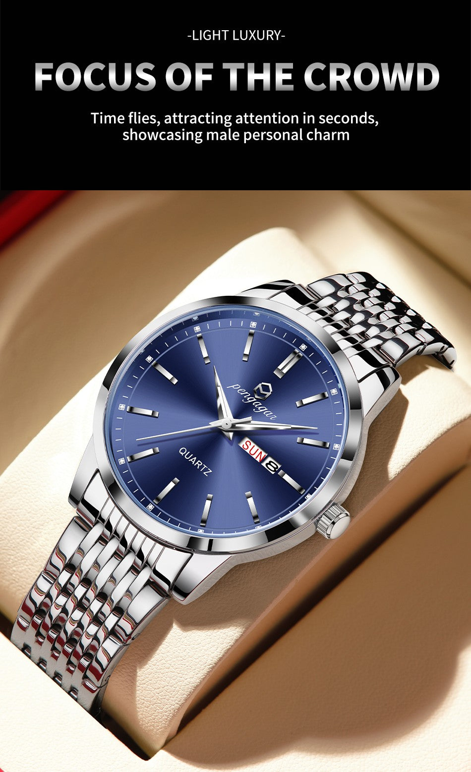 PENGAGAR Luxury Watch For Man Waterproof Luminous Date Week Stainless Steel Men Watch Casual Quartz Men's Watches Male Clock+box