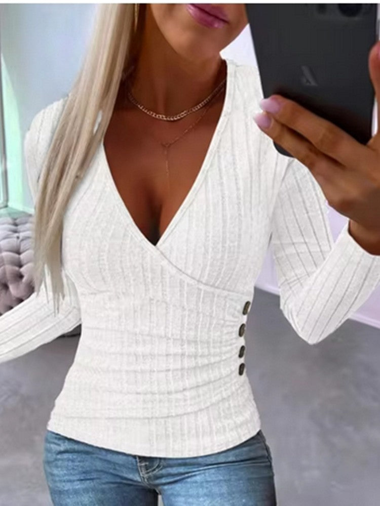 Spring Autumn Lady Button Knit Top Women Solid Color V-Neck Long Sleeve T-Shirt Sexy Top Clothes
