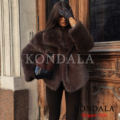 KONDALA Women Brown Faux Fur Jacket Fall Winter Jacket Lapel Loose Jacket 2025 Fashion High Street Elegant Female Jacket Coat