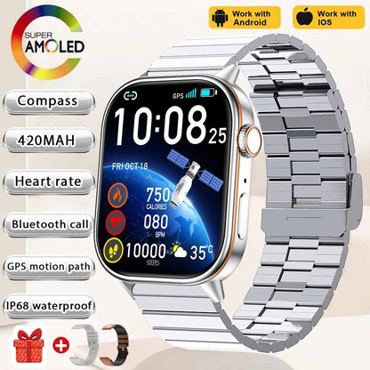 Smartwatch de Música Feminino 2025 Novo com Tela AMOLED HD de 2.01'' Moda, GPS de 6 Estrelas Embutido, Rastreador Impermeável e Chamada, Braceletes