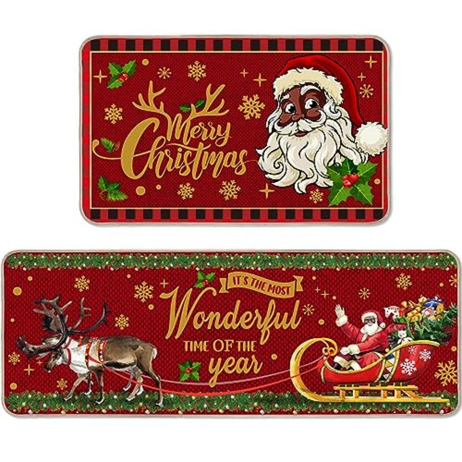2 Pcs Christmas Kitchen Rugs Black Santa Christmas Decorations Xmas Winter Floor Mats Non Slip Washable Rubber Backing Doormat