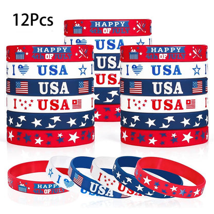 12Pcs Independence Day Theme Bracelet I Love USA Silicone Wristbands for 4th of July American National Day Birthday Party Favors