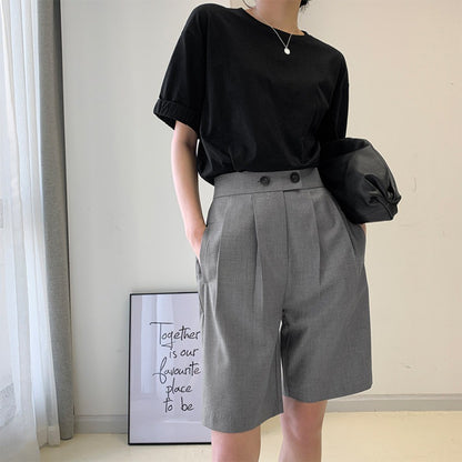 High Waist Wide Leg Suit Shorts for Women Spring Summer Button Straight Short Pants Office Lady Fashion Casual Womens Shorts