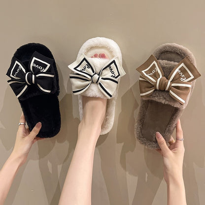 Casual Fluffy Slippers Women House Flats Fashion Winter Bowknot Love Designer Shoes Ladies Home Plush Platform Elegant Footwear