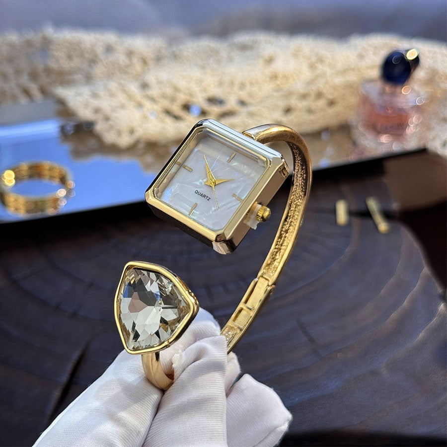 New Ladies Open Bracelet Watch Assorted Shaped Diamond Color Gemstone High-End Quartz Wristwatch Lazy Person's Stylish Timepiece