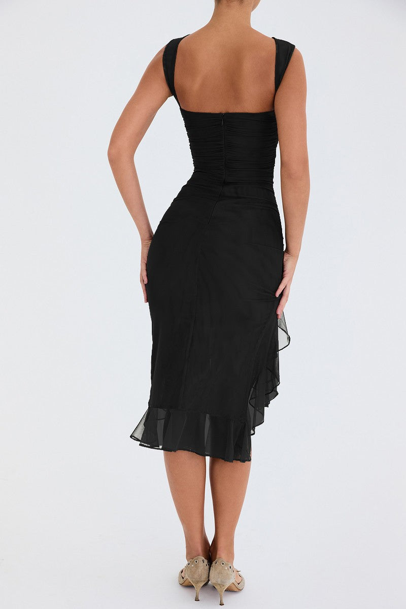 Mozision Elegant Ruffle Ruched Midi Dress For Women Robe Summer New Backless Sle