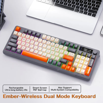 Teclado Sem Fio FreeWolf M96 com Tela, Teclado Gamer Bluetooth Conexão Dual-Mode, Conexão Multi-Dispositivos, Ergonômico