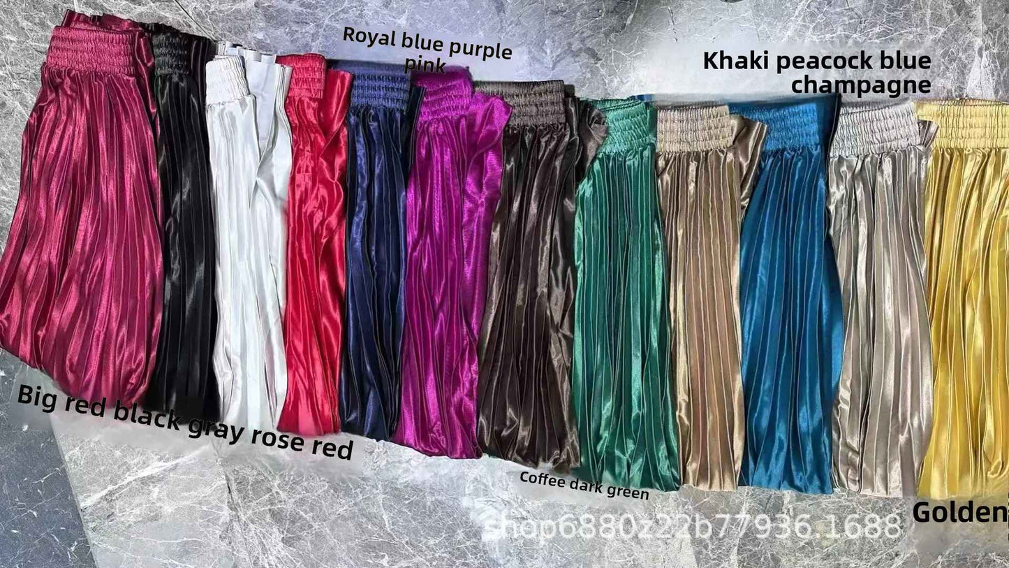 High Waist Satin Pleated Skirt 1 Meter Long Floor Length Pearl Glitter A- Line Umbrella Half Body Skirts Polyester Fiber