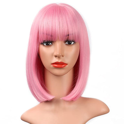 Peruca sintética rosa de 30 cm, curta e reta, para cosplay, penteado pompadour, peruca de cabelo de alta temperatura para uso diário