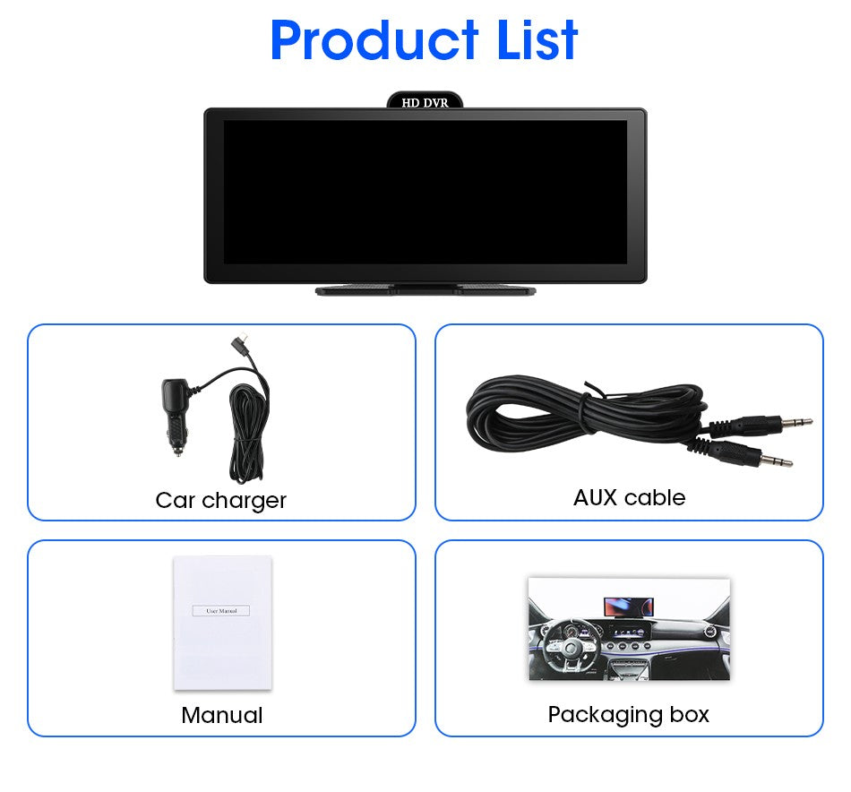 Gravador de Vídeo DVR 4K de 10/11,26 Polegadas com CarPlay e Android Auto Sem Fio, Câmera Veicular, Áudio Bluetooth, Navegação GPS e Duas Lentes para Painel