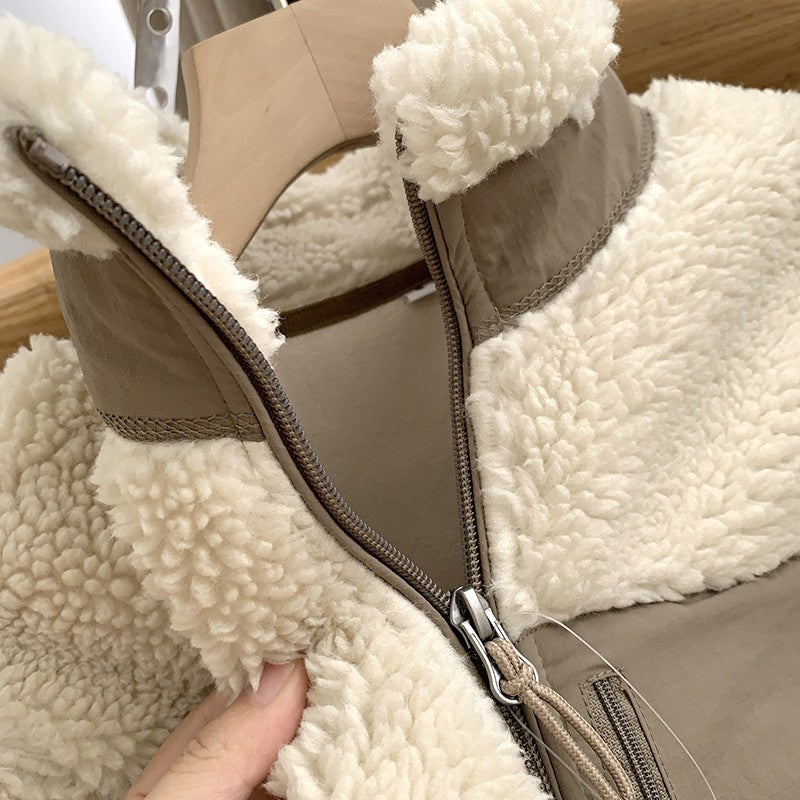 Autumn and Winter Japanese Men's and Women's Fleece Stand Neck Jacket Couple Zipper Loose Warm Lamb Wool Coat Solid Color Jacket
