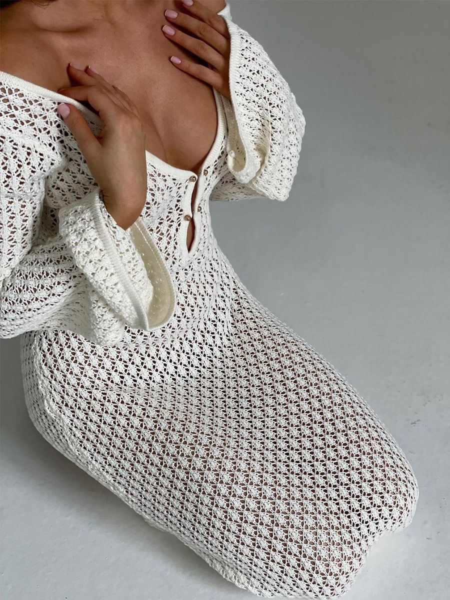 Sexy Women White Long Knit Sleeve Bikin Fashion Cover up Female See-Through Deep